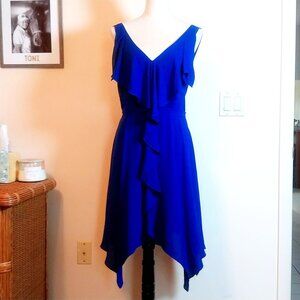BCBGMAXAZRIA ROYAL BLUE FLOUNCE RUFFLE HANDKERCHIEF HEM SIZE 6 MIDI DRESS